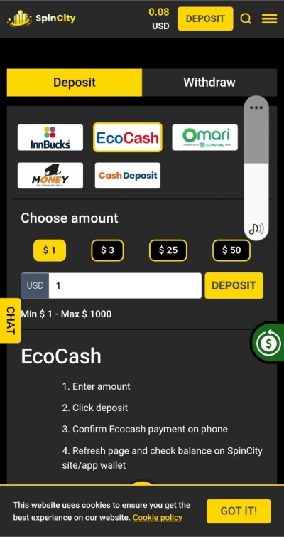 Spin City $1 Ecocash Deposit