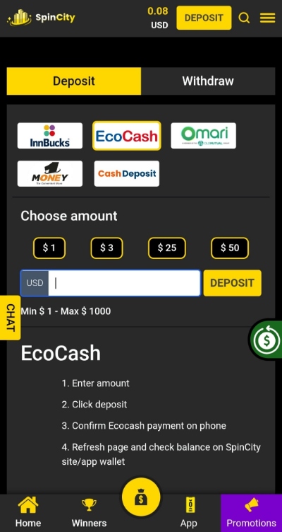 Spin City Ecocash Deposit Amount