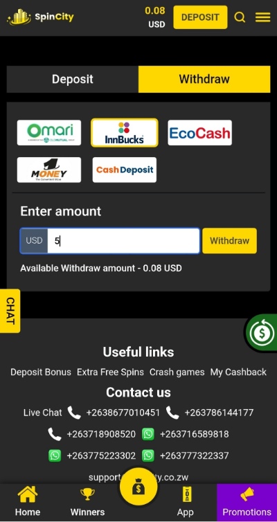 Spin City Ecocash Withdrawal