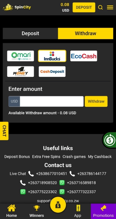 Spin City Ecocash Withdrawal Amount