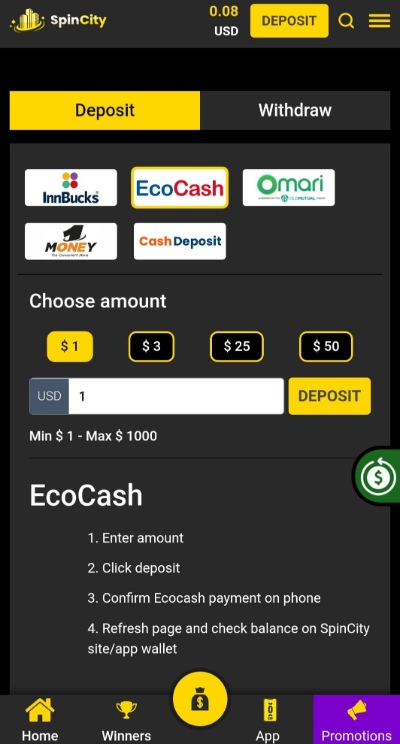 Spin City - Max Ecocash Deposit Limit Sites