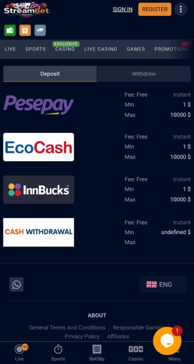 Streambet $1 Ecocash Deposit