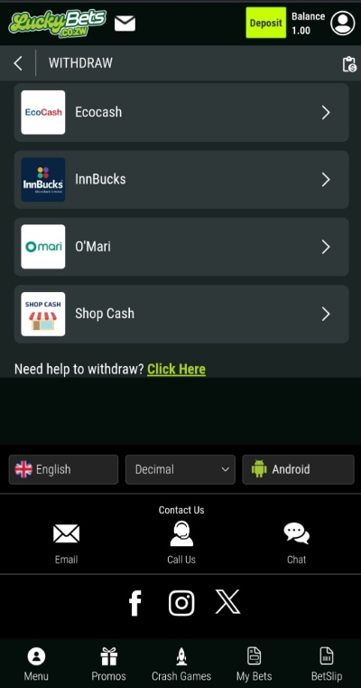 LuckyBet Ecocash Withdrawal - Choose Payment method