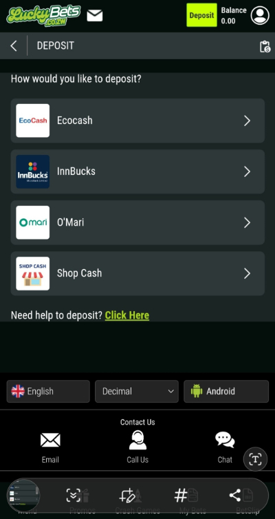 LuckyBets Ecocash Deposit - Cashier