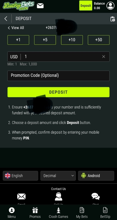 LuckyBets Ecocash Deposit - Choose Amount