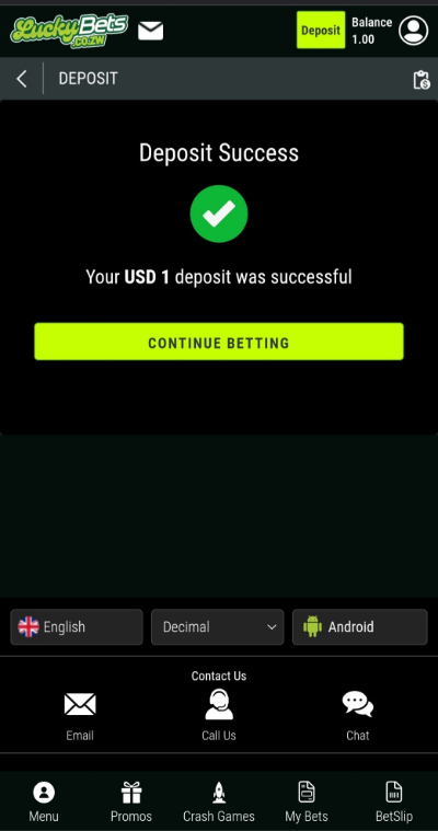 LuckyBets Ecocash Deposit - Success